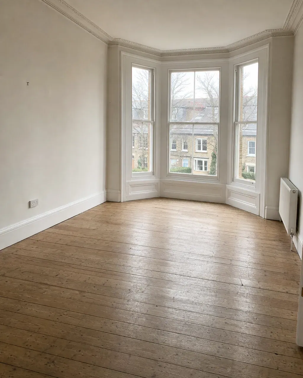 An empty Clapham living room with a large bay sash window, plain moulded cornice and stripped floorboards, daylight filling the room